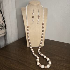 Vintage Tribal Bone Bead Necklace & Earrings Set - Etched Batik Boho